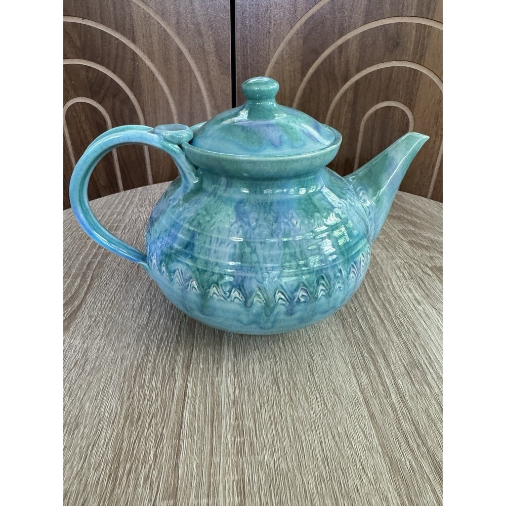 Vintage 1977 Dryden Original Teal Blue Teapot Signed